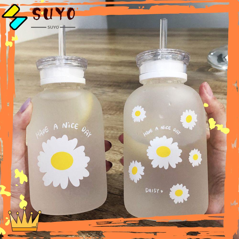 Suyo Botol Minum Dengan Sedotan Motif Bunga Daisy Frosted