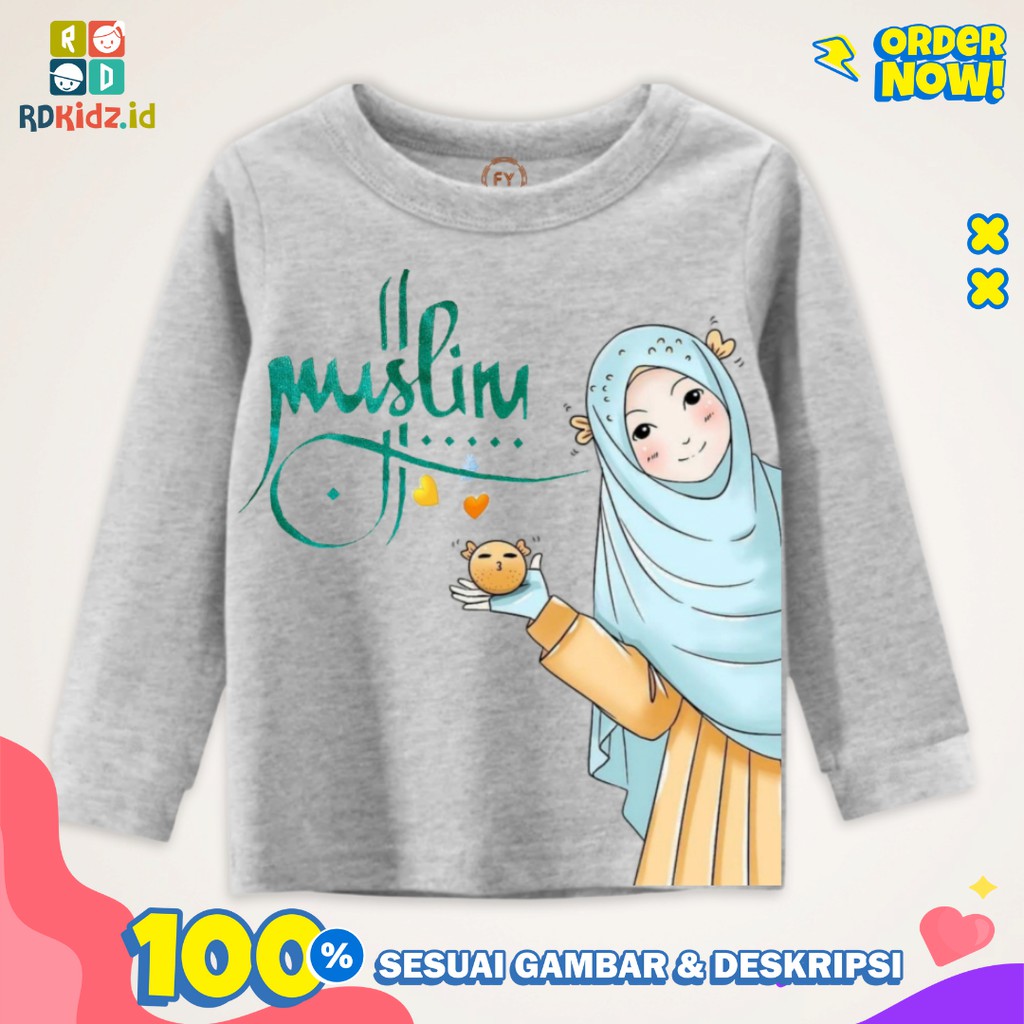 Rdkidzid Atasan Panjang Anak Perempuan / Kaos Panjang Anak Perempuan / Baju Panjang Anak Cewek Motif Muslim Grey