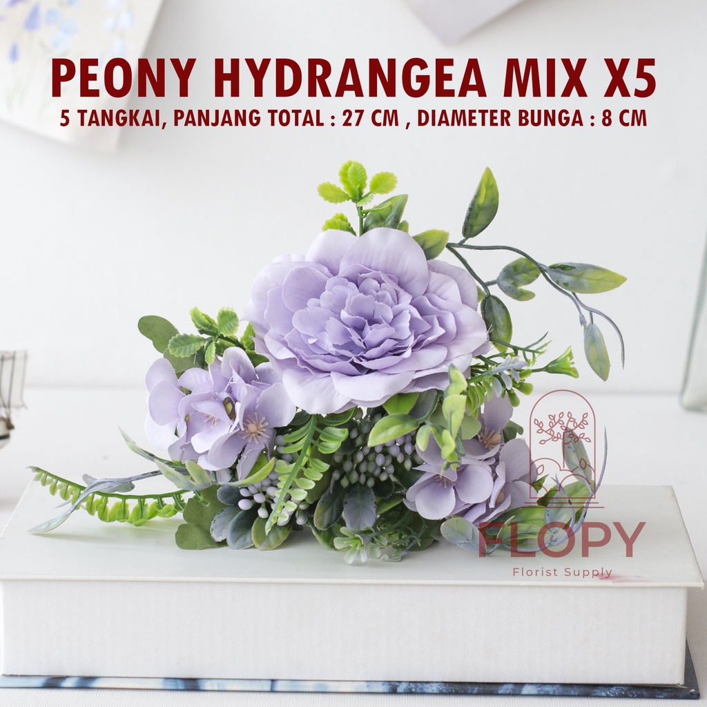 [5 Tangkai] Bunga Peony Hydrangea Mix X5 Artificial / Bunga Plastik Palsu Dekorasi Buket bunga Mahar Nikahan Rustic