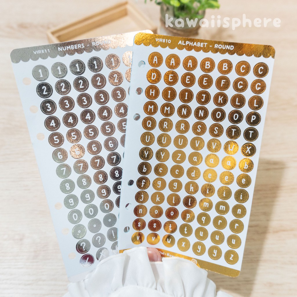 

Alphabet Numbers Round Gold / Silver Foiled | Planner / A6 6-Holes Ring Binder Sticker Huruf Angka
