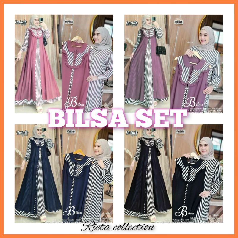 FASHION MUSLIM PAKAIAN WANITA GAMIS BILSA SET OUTER 2IN1 GAMIS MAXY KEKINIAN MOTIF SALUR LEBARAN 202