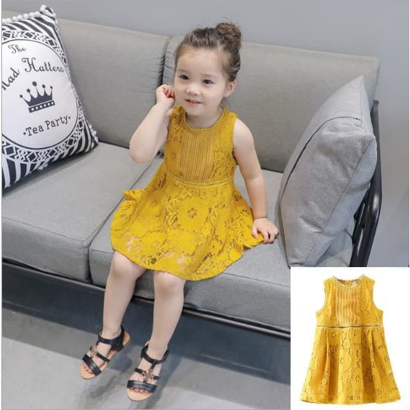 Gaun Pesta Dress Anak Cewek Mutard Simple Megan Brukat Import Keren