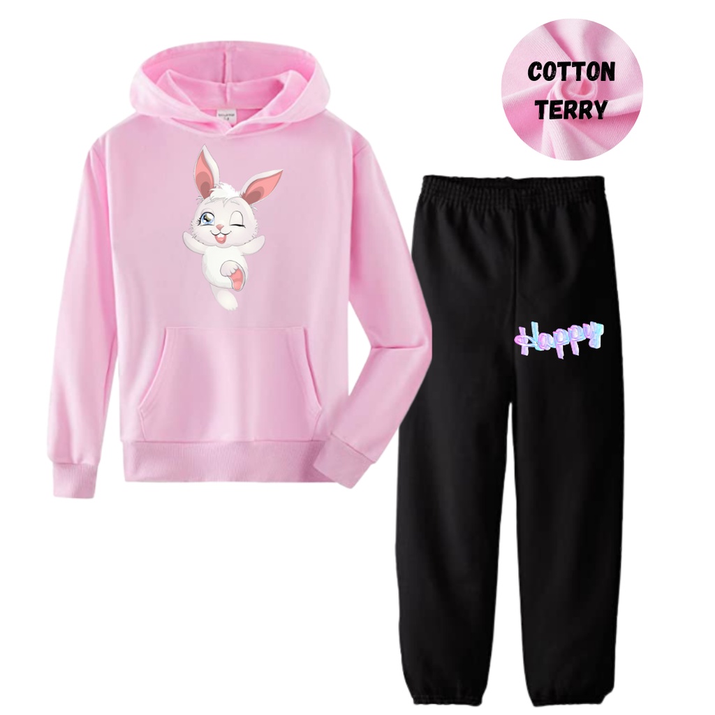 JBF Baju Setelan Wanita Remeja Sweater Hoodie Happy Bunny Dan Celana Jogger Bahan Babyterry