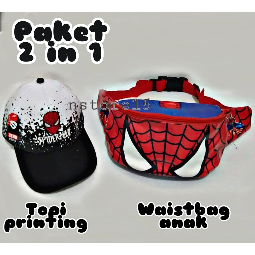 [COD] NSTORE_15 PAKET 2 IN 1 spiderman  WAISTBAG &amp; TOPI ,WAISTBAG ANAK LAKI LAKI LAKI,TAS SELEMPANG ANAK Realpict