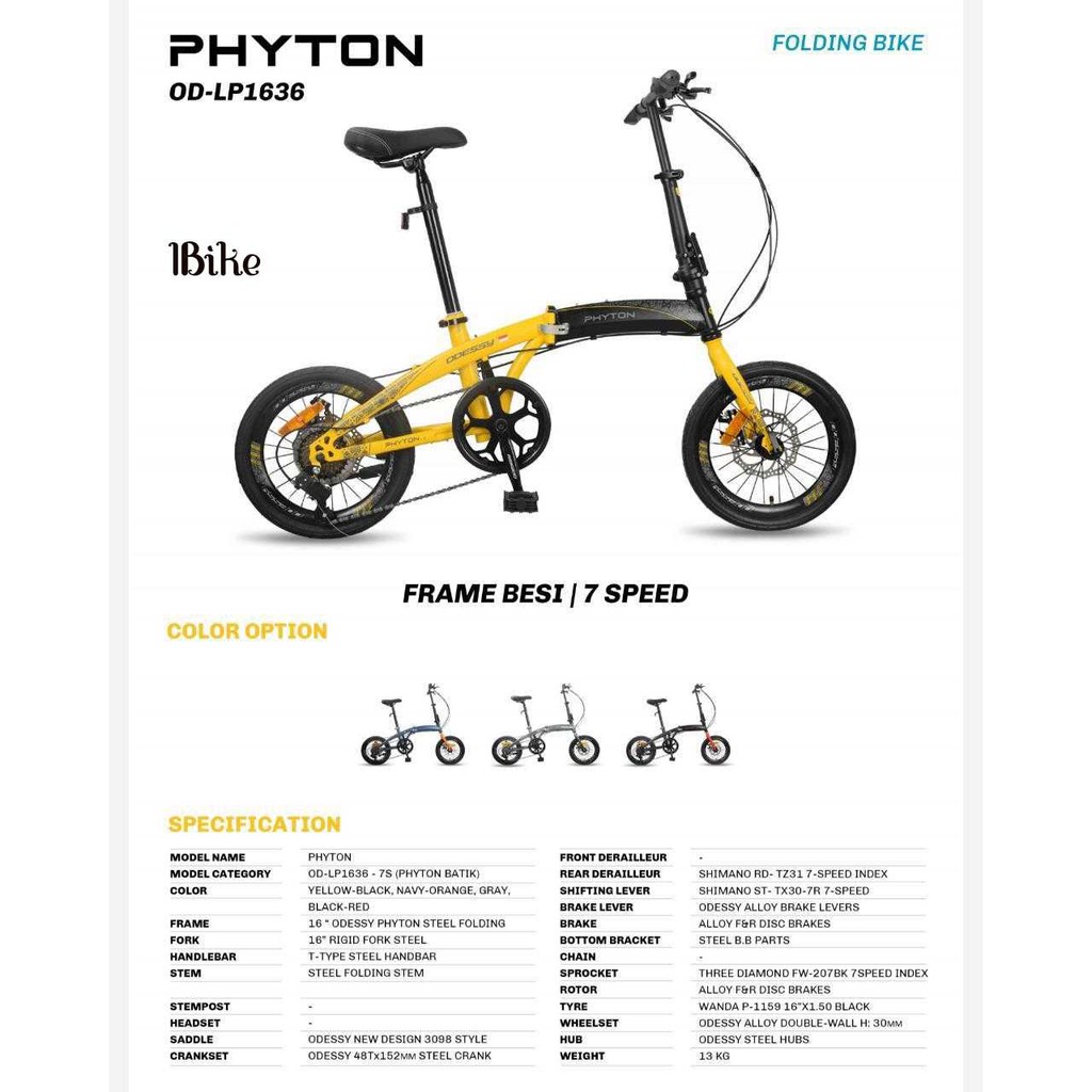 Sepeda Lipat folding bike 16 Inch PHYTON ODESSY LP-2036 7 sp Lipat Murah