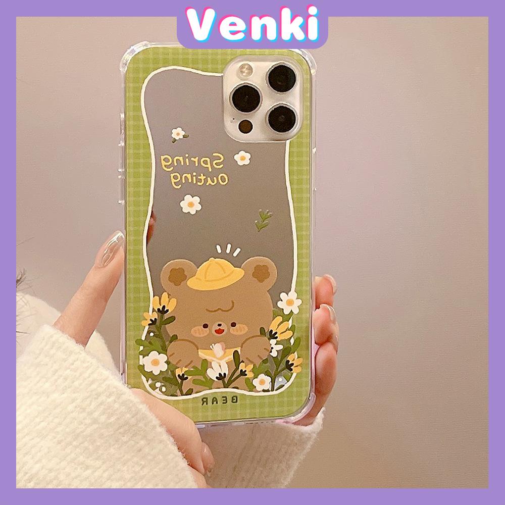 iPhone Case Acrylic Mirror Airbag Shock Resistant Big Hole Camera Protection Green Flower Bear Compatible For iPhone 11 iPhone 13 Pro Max iPhone 12 Pro Max iPhone 7 Plus