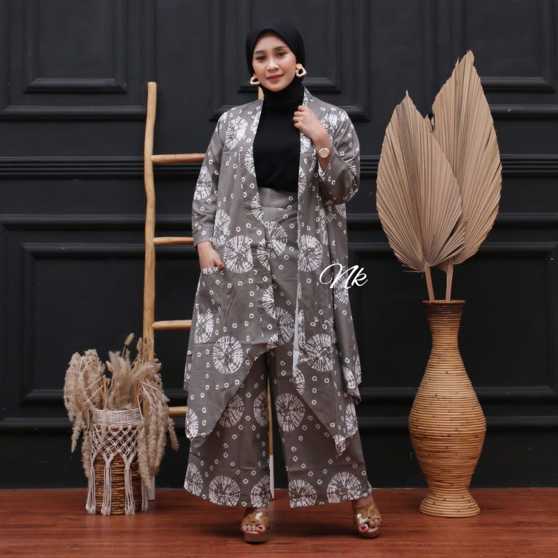 (COD) NEW Baju Batik Vest Outer Setelan Wanita Celana Kulot Elegant Buat Kondangan