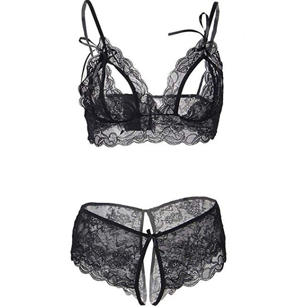 lingerie sexy Bra gstring Open Lingerie wanita Renda bra boneka bra Celana Dalam b07 - Hitam, FREE T