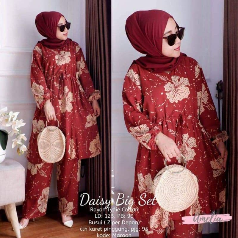 Daisy  Big Set - One Set Jumbo Rayon Batik Premium Waka Waka Setelan Wanita Celana Panjang Set Bigsize LD 130 cm