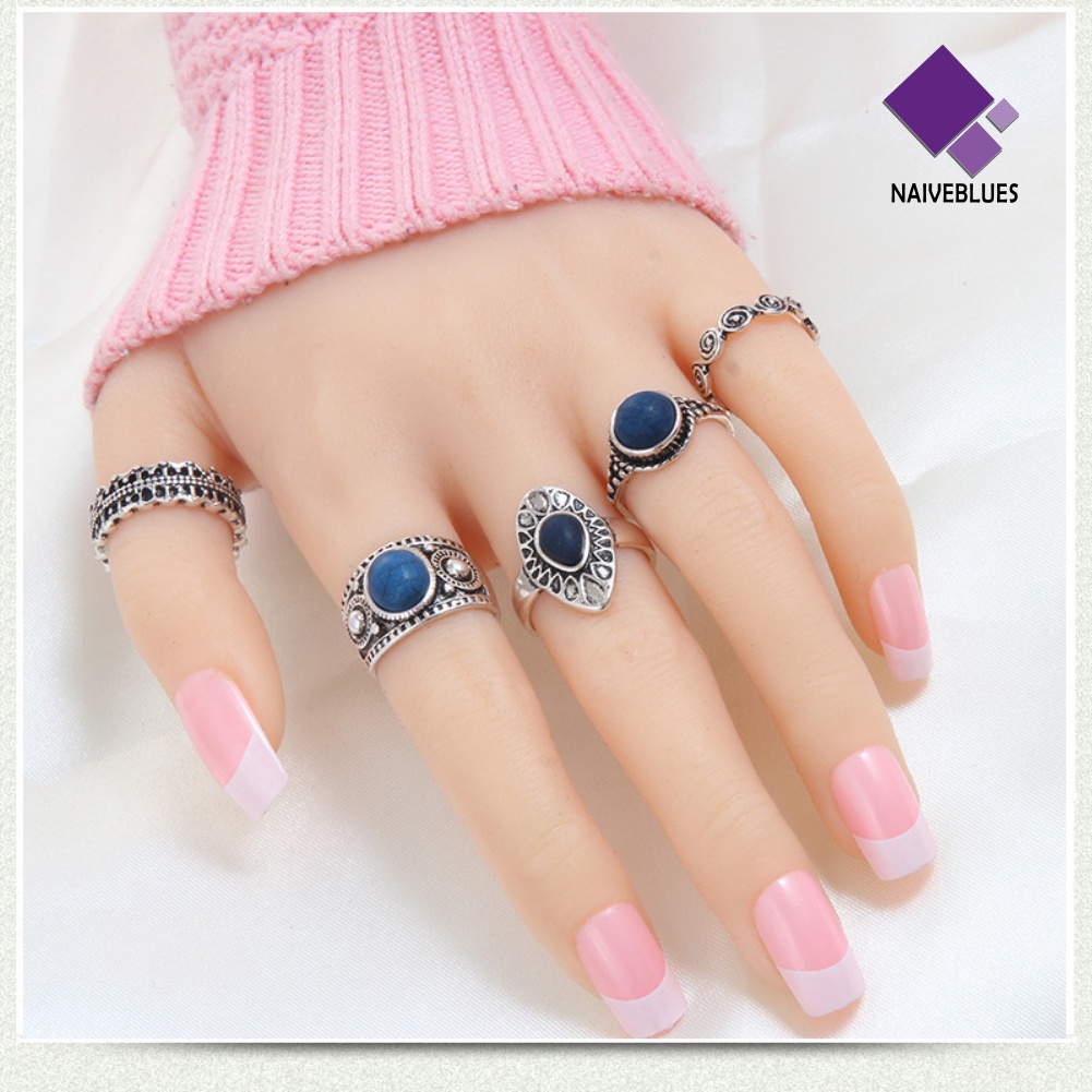 Naiveblue 5Pcs / Set Cincin Gaya Vintage Bohemia Aksen Batu Biru Untuk Perhiasan Wanita