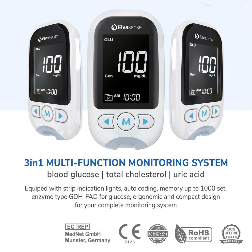Alat Cek 3in1 Elvasense (Gula Darah, Kolesterol &amp; Asam Urat)