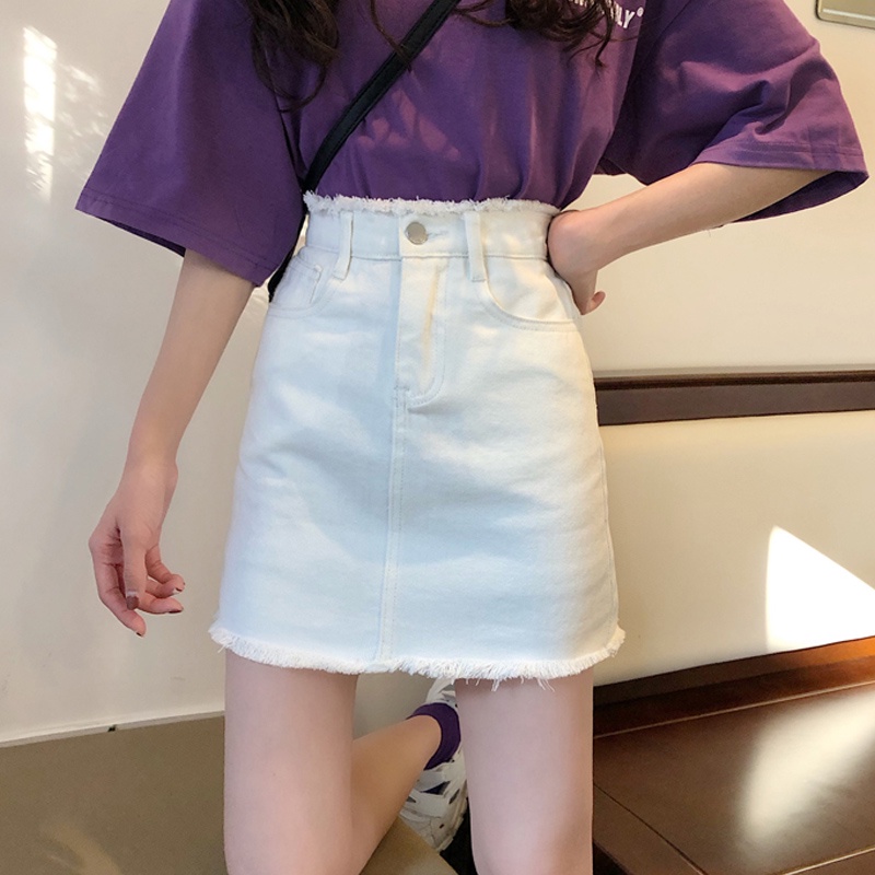 Rok Jeans Pendek A-Line Rok Denim Skirt Pinggang Tinggi Gaya Korea