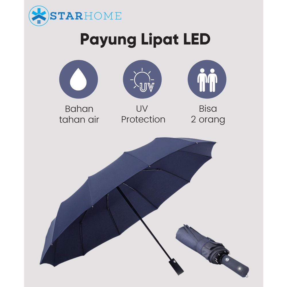 Payung Lipat Otomatis Anti UV Lengkap dengan Senter LED StarHome Payung Lipat Ukuran Besar Jumbo