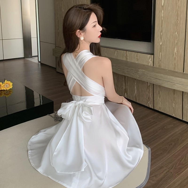 Suhao Superfine Rok Pendek Gaya Perancis Musim Panas Gaya Baru Off-Sleeve Strap Neck V-Neck Gaun Pinggang Tanpa Lengan Wanita