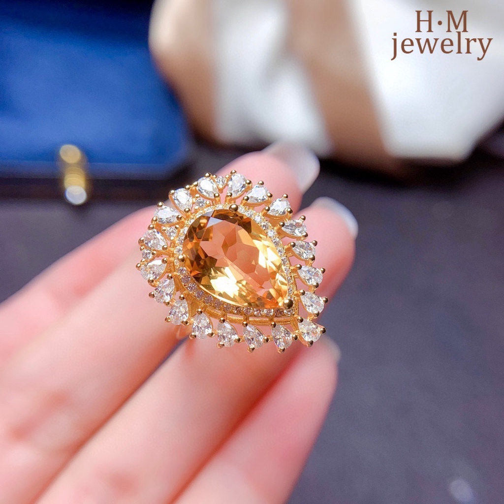 Cincin Lapis Emas 18K Dengan Batu Citrine Natural Mewah Untuk Wanita