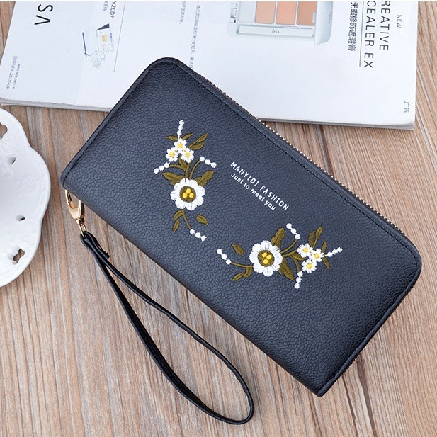 DOMPET PANJANG WANITA IMPORT PESTA KULIT BORDIR BUNGA HITAM MACBETH WA576B5 TALI PENDEK MUAT HP 2 RESLETING SLOT KARTU MURAH CEWEK KOREA BRANDED REMAJA KEKINIAN BATAM PREMIUM