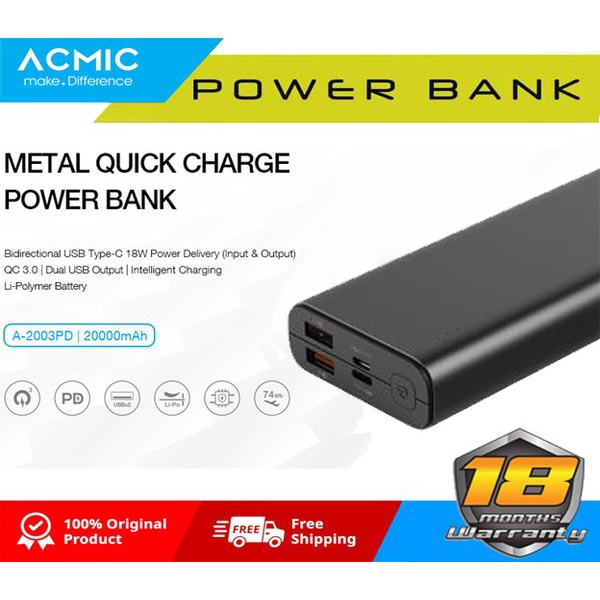 ACMIC Q20PRO 20000mAh 18W Power Bank Dual QC 3.0 Power Delivery