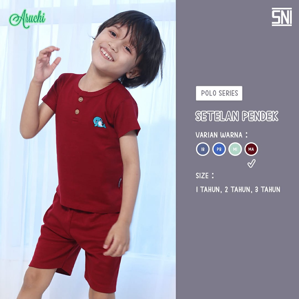 Aruchi Setelan Pendek Polo Series / Salur Sablon - Setelan Anak Murah