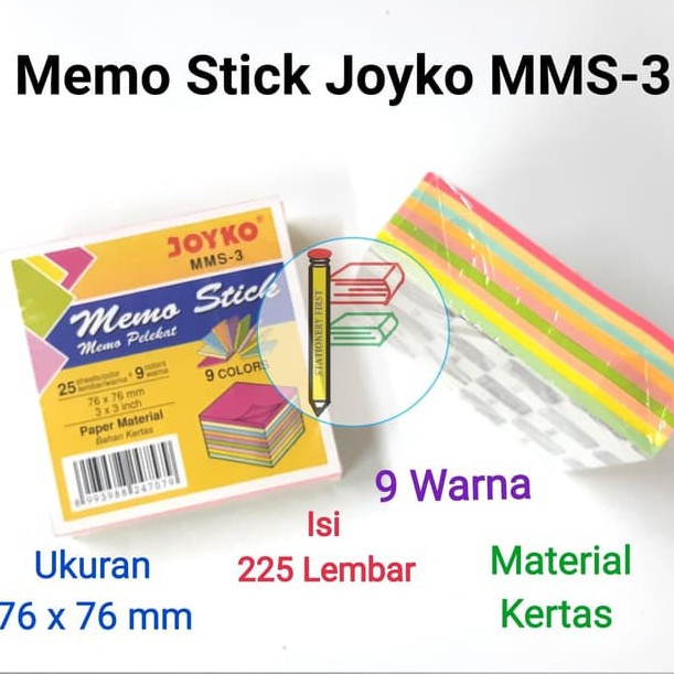 Memo Stick Joyko MMS-3 7.5cm 9 Warna 225 Lembar Memo Tempel Joyko