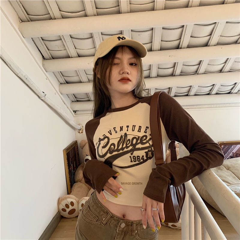 Suhao American top American retro gaya Hong Kong t-shirt lengan panjang wanita ramping atasan bagian