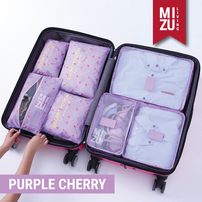 SECRET POUCH Travel Packing Cubes 7in1 Storage Bag Organizer Tas Koper MOTIF-PURPLE Cherry