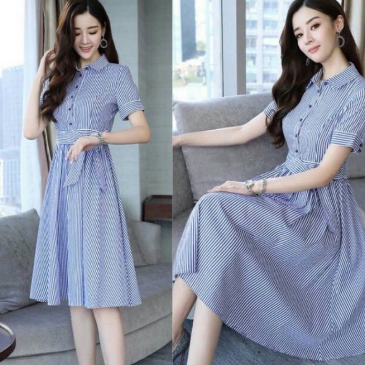 [GLFK] Dress Salur Md Line / Dress Motif Salur / Dress casual Terbaru / Dress / Dress kancing / Gaun Wanita