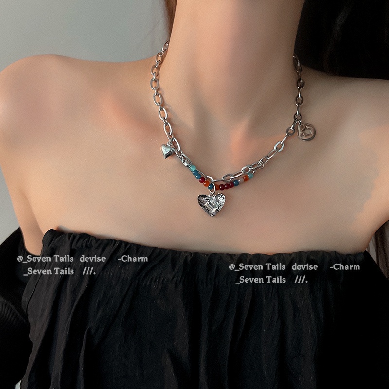 AY(CN) Y2k Kalung Choker Rantai Silver Dengan Liontin Hati Hias Manikmanik Warnawarni Untuk Wanita
