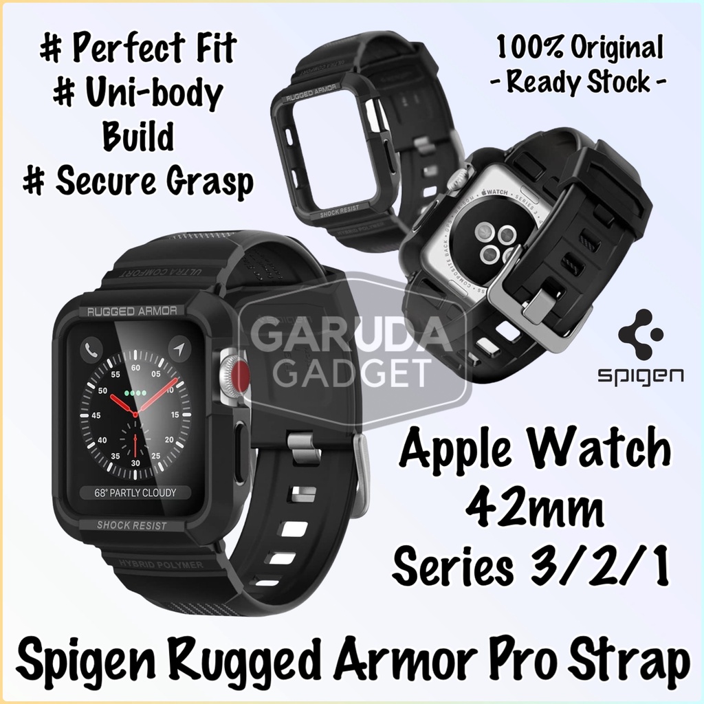 Strap Case Apple Watch 3 2 1 42mm Spigen Rugged Armor Pro Rubber Band Casing Cover Full Cover Milita