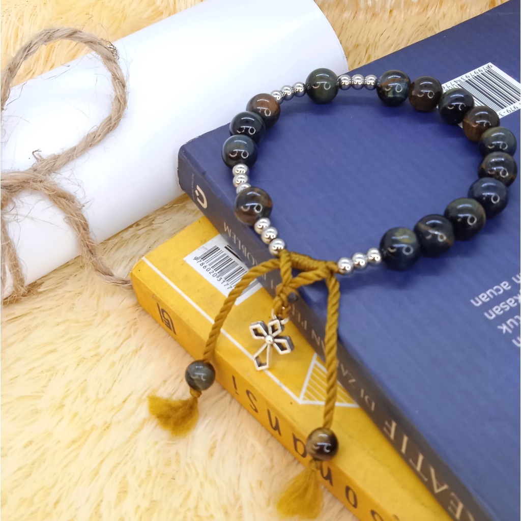 Gelang Rosario Batu Brown Tiger Eye Manik Stainless