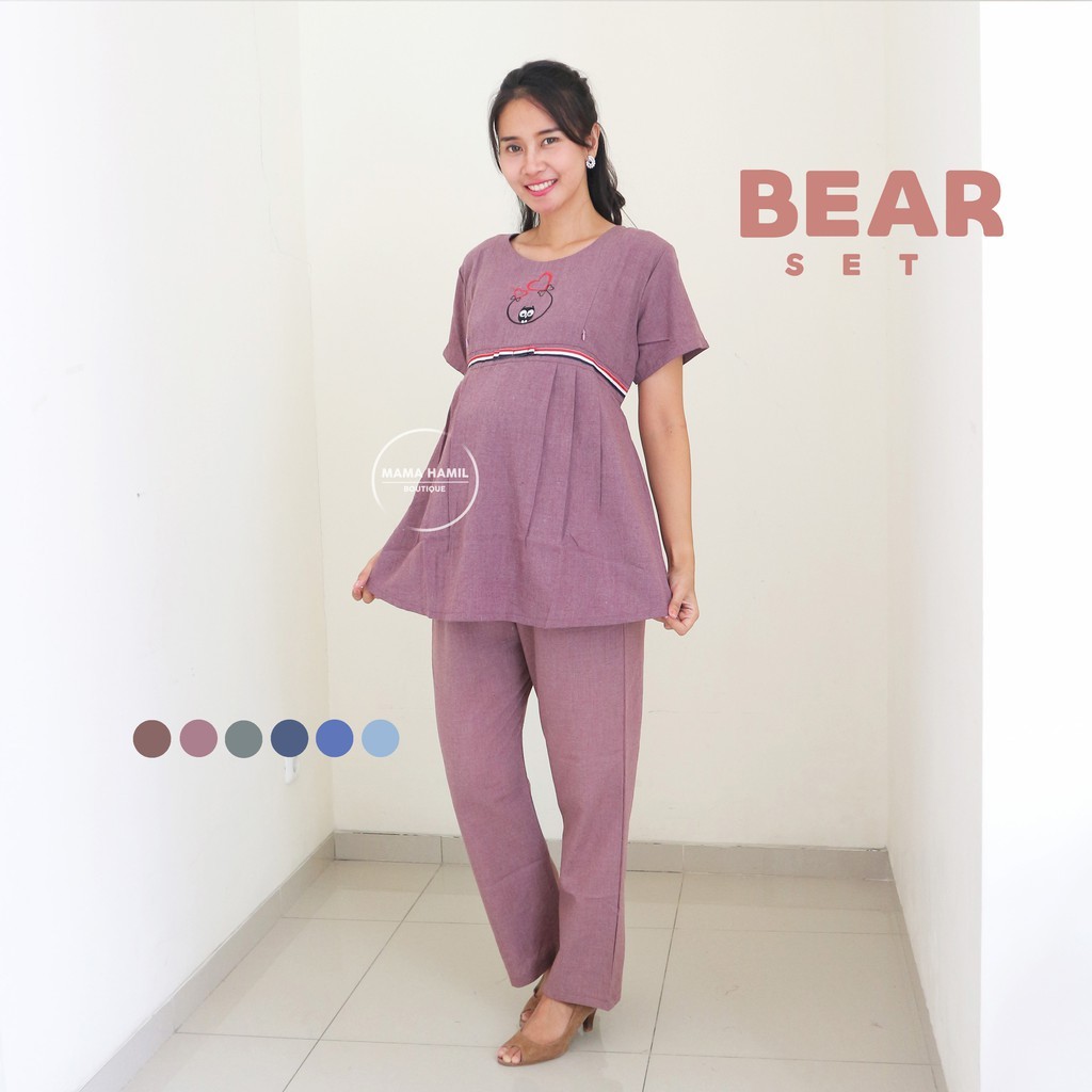 Baju Hamil Menyusui Murah Setelan Baju Hamil Santai Katun Adem Kantor Casual Bordir Bear - STD 112