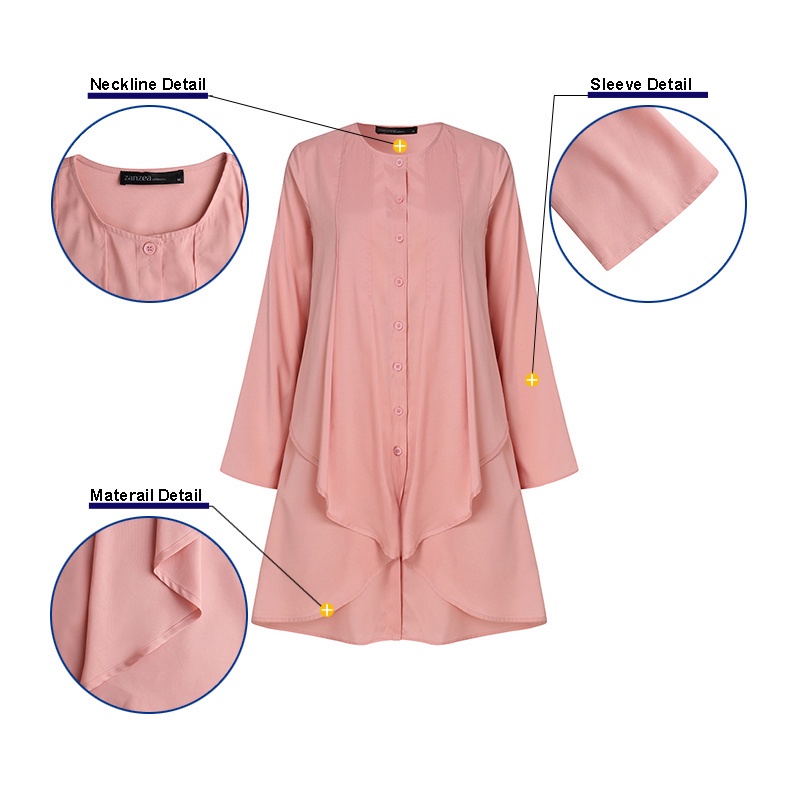 ZANZEA Women Fashion Casual O Neck Button Down Irregular Hem Long Muslim Blouse