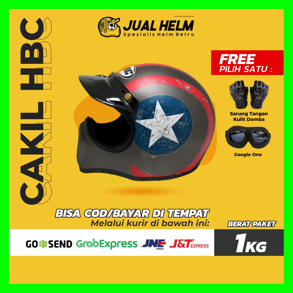 HELM CAKIL CAPTAIN AMERICA GREY/ABU ( Fullface / Retro / Klasik / Vespa )