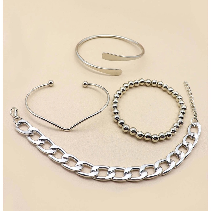 4pcs / Set Gelang Rantai Besar Tebal Gaya Punk Retro Bahan Metal Glossy Untuk Wanita