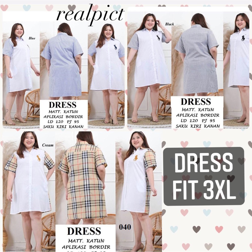 040 Dress jumbo wanita tunik perempuan bigsize kekinian allsize fit XXXL LD 120cm motif kotak cream 