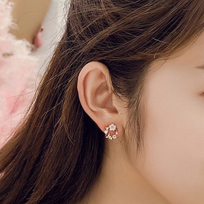 Anting Tusuk Rose Gold Desain Bunga Hias Kristal Zircon Mutiara Untuk Wanita