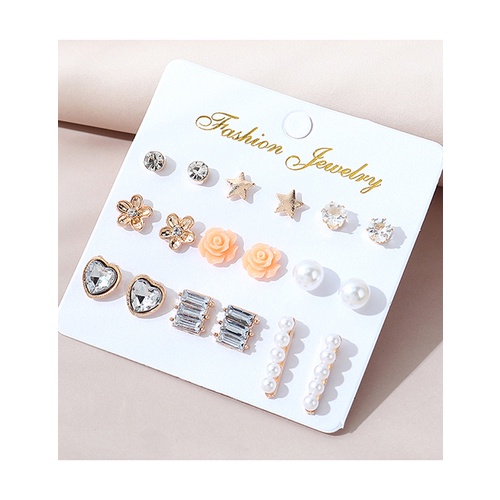 LRC Anting Set Fashion Color Mixing Diamond And Pearl Resin Y65246