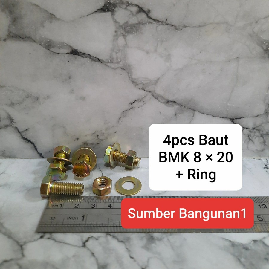 Baut Mur Kuning 8x20 + Ring 4pcs kunci 12 mm baut 8mm 8 x 20 2cm