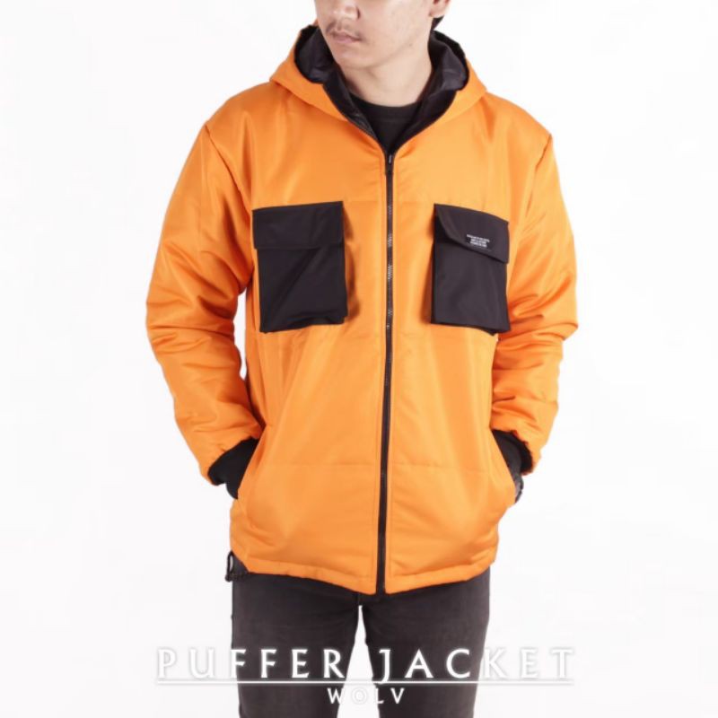 WOLV ORIGINAL JAKET PUFFER Jaket Outdoor pria jacket taslan warna orange saku hitam seri art WP01