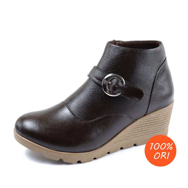 sepatu boots wanita hak tebal ankle wedges terbaru kulit asli Grutty IN151 Coklat