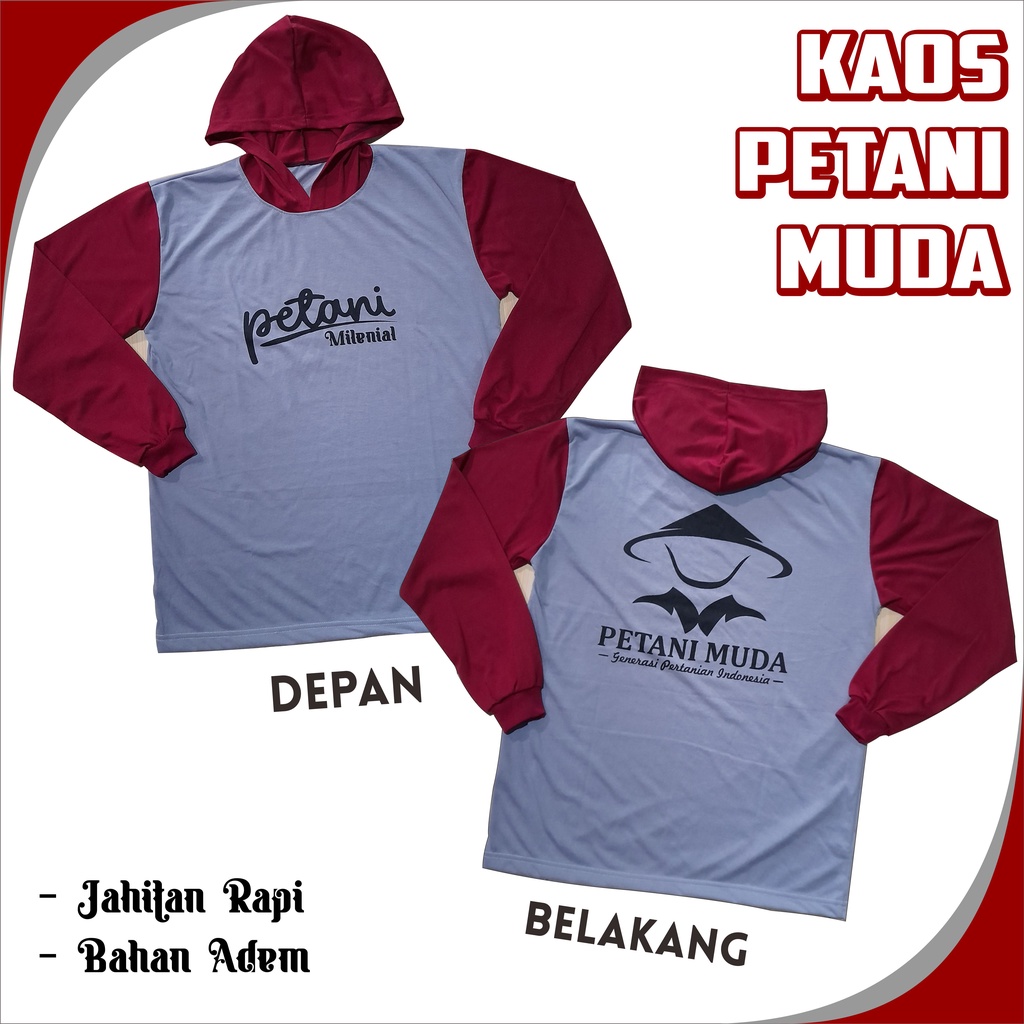 Kaos Petani Muda Caping Basahan Kerja Petani Lengan Panjang Berkudung / Kupluk / Topi