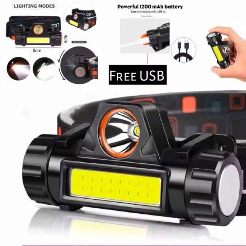 Headlamp LED Charger Waterproof/ Senter Kepala Cas Anti Air Free USB / Highpower