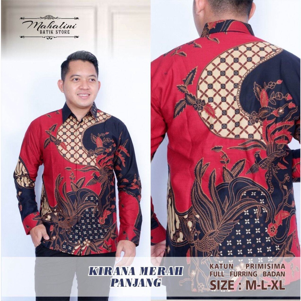 Kemeja batik PREMIUM warna merah/batik pria lengan panjang terbaru/batik pesta warna merah KIRANA