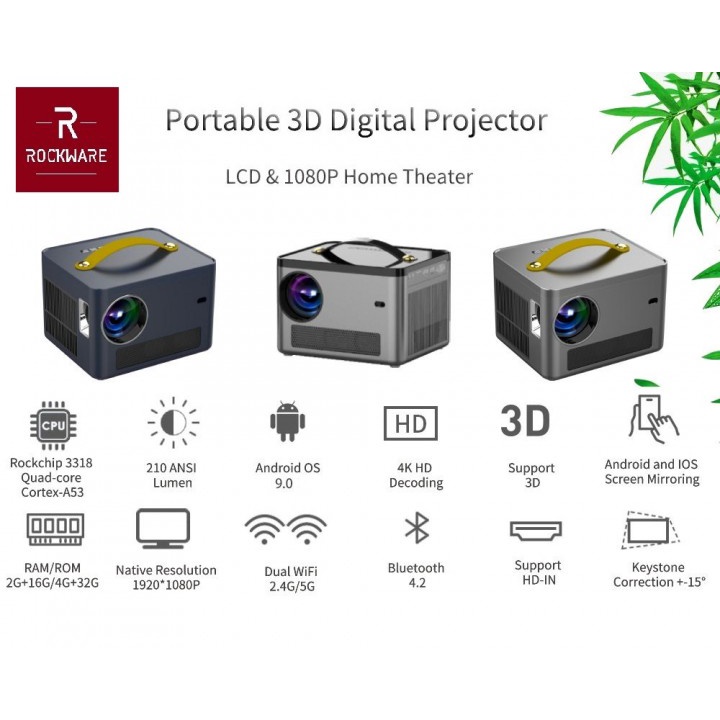 ROCKWARE GT ONE Android 9.0 Projector 210 ANSI Lumens - Alt C9 Android