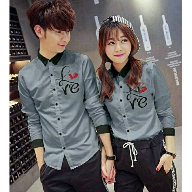 Kemeja couple I love you grey baju pasangan korea slim fit pekanbaru dongker keren murah kasual