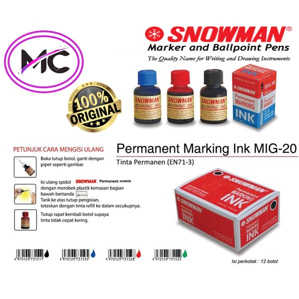 Tinta Spidol Permanent Snowman Isi Ulang Sepidol Refil Asli Original Botol Warna Hitam Merah BIru Hijau Permanen