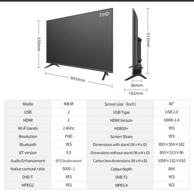 LED TV Hisense 43 inch 40E4F Digital Android Smart TV Dolby Bluetooth USB