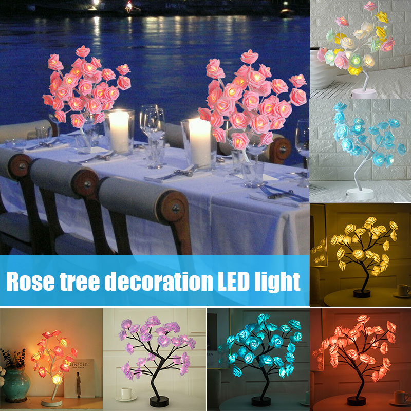 LED Rose Flower Tree Shape Table Lamp/Battery Powered Table Night Light Lights/Wedding Party Bedroom Bedside Desk Decoration Lighting Lamp