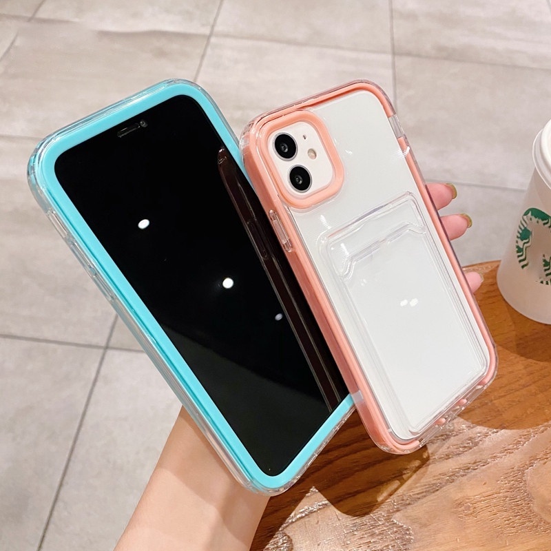 IPHONE Casing Ponsel 3in1 Warna Permen Kompatibel Dengan Iphone14 11 12 13 Pro Max XR XS Max X7 8 6s 6 Plus 14Plus SE Casing Ponsel Slot Kartu Armor Mewah Transparan Tahan Guncangan