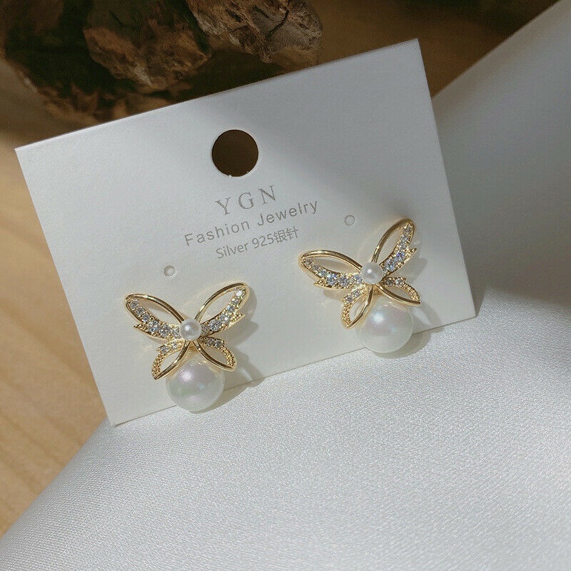 925 Silver Zircon Pearl Butterfly Women Earrings Stud Drop Dangle Jewellery Gift