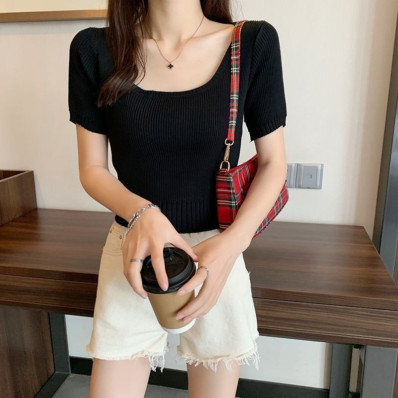 #Sisjuly# Musim Semi Putih Kemeja Wanita Gugur dan Musim Dingin Memakai Batin Tipis Ketat Square Kerah Lengan